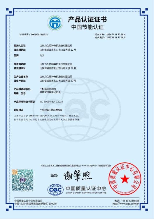 山東力久成功獲得電機IEC標(biāo)準(zhǔn)節(jié)能認證 山東力久成功獲得電機IEC標(biāo)準(zhǔn)節(jié)能認證